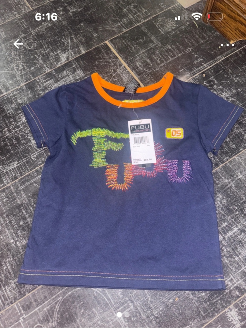 FUBU Navy Short Sleeve Tee with Orange Trim and Multicolor Logo size 5/6 Kids